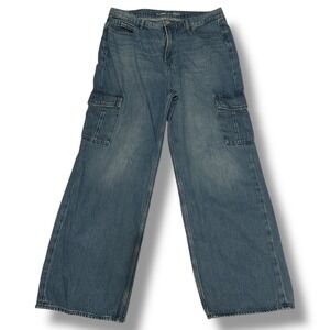 Old Navy Sky-Hi Extra High Rise Wide Leg Cargo Jeans Womens 14 Medium Wash Blue
